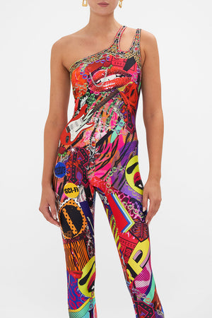 Crop view of model wearing CAMILLA catsuit unitard in multicoloured Radical Rebirth print