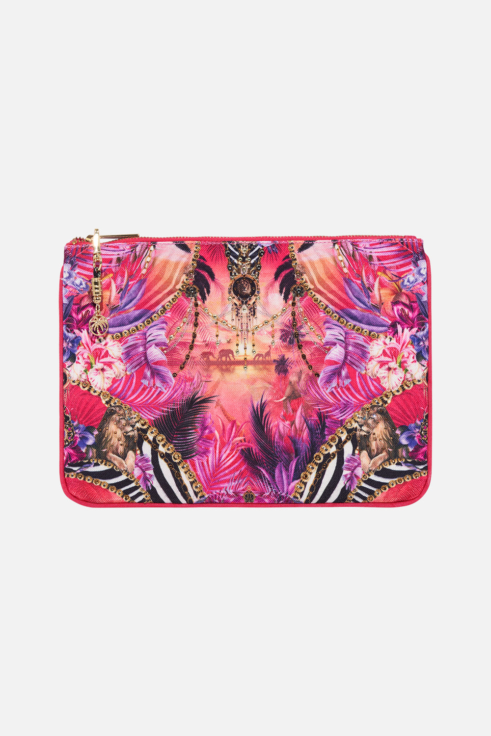 Product view of CAMILLA bright coloured clutch bag in Wild Loving print 
