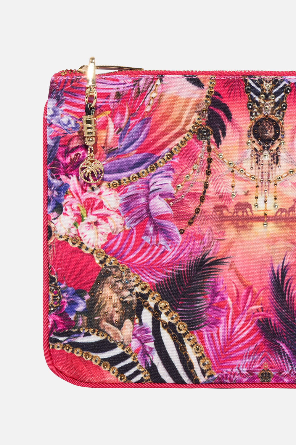 Detail view of CAMILLA bright coloured clutch bag in Wild Loving print 