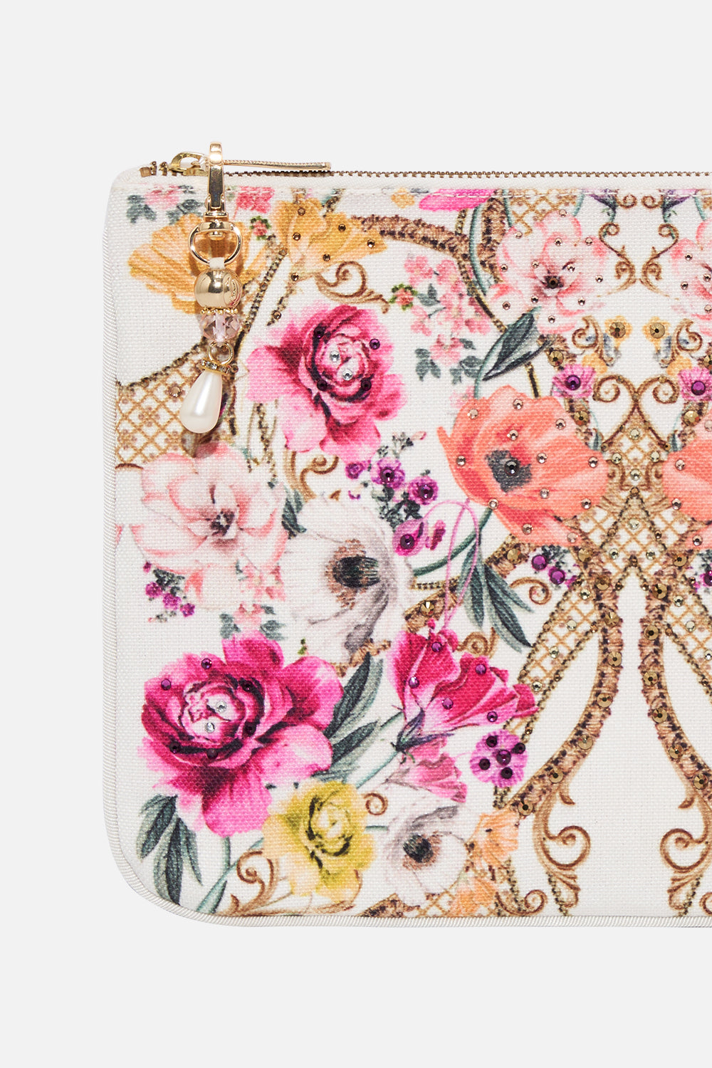 Detail view of CAMILLA floral print clutch bag in Destiny Calling print 