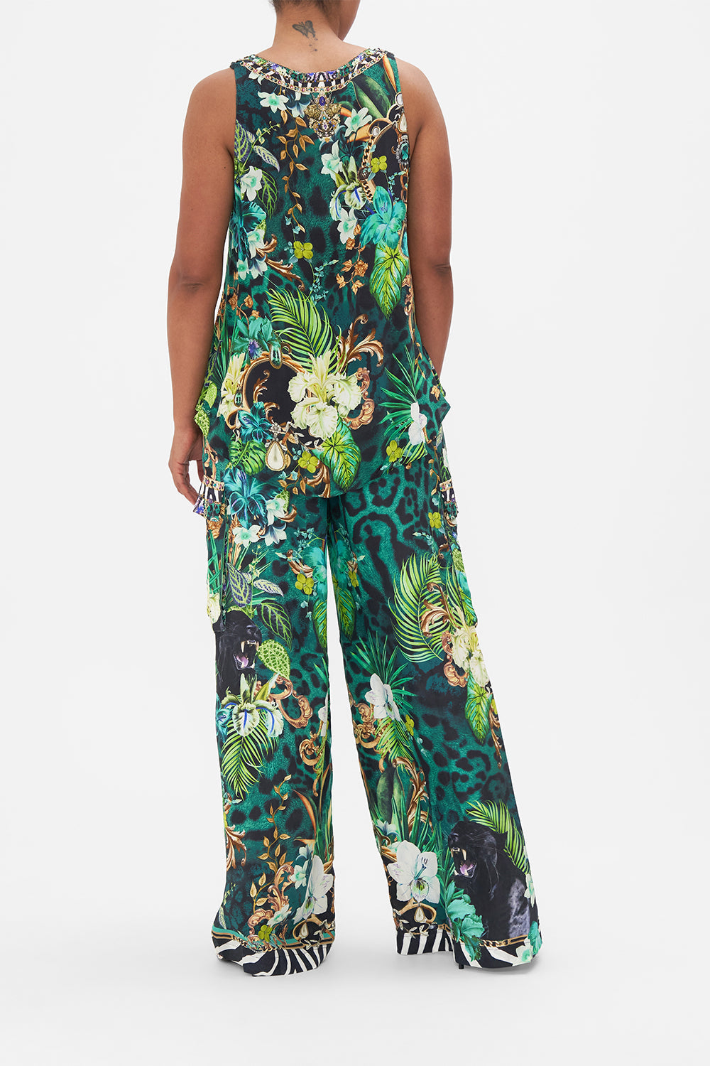 Back  view of model wearing CAMILLA green silk tank top in Sing My Song print