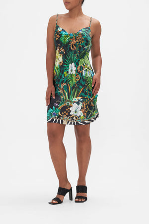 Front view of model wearing CAMILLA silk bias slip dress in Sing My Song print