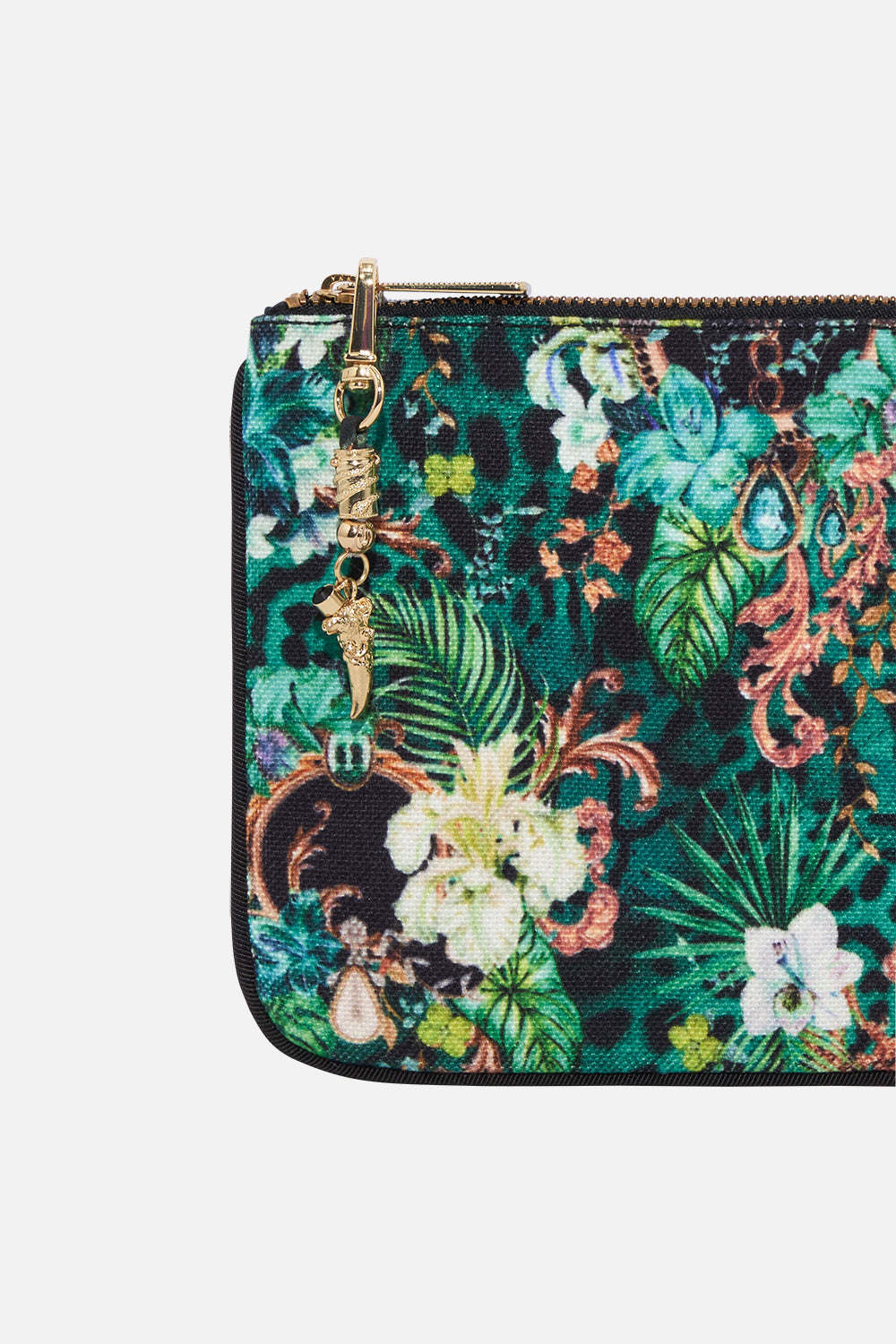 Detail view of CAMILLA green coin and phone purse in Sing My Song print