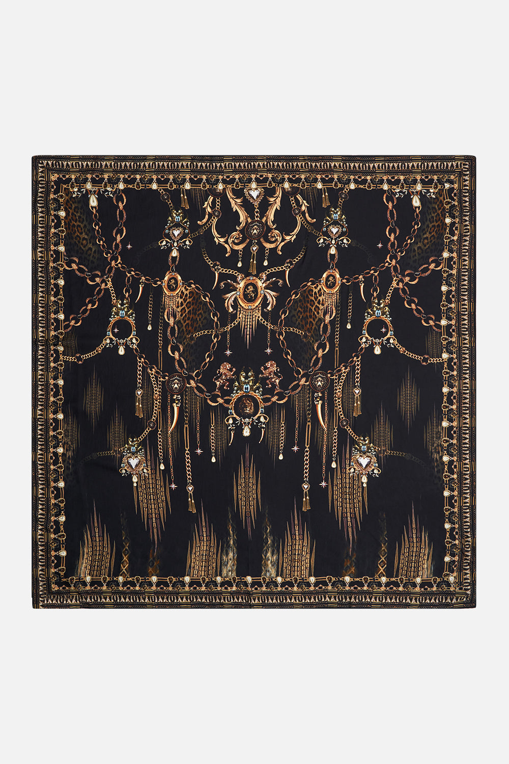 Detail view of CAMILLA silk square scarf in Jungle Dreaming animal print 