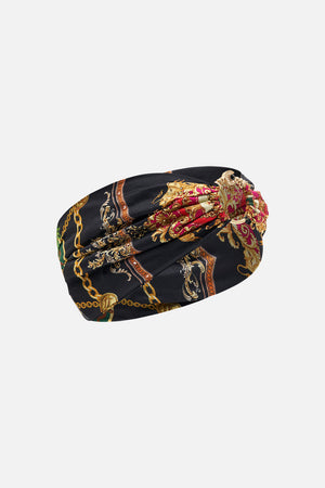 Detail view of CAMILLA silk ring detail headband Jealousy And Jewels  print 