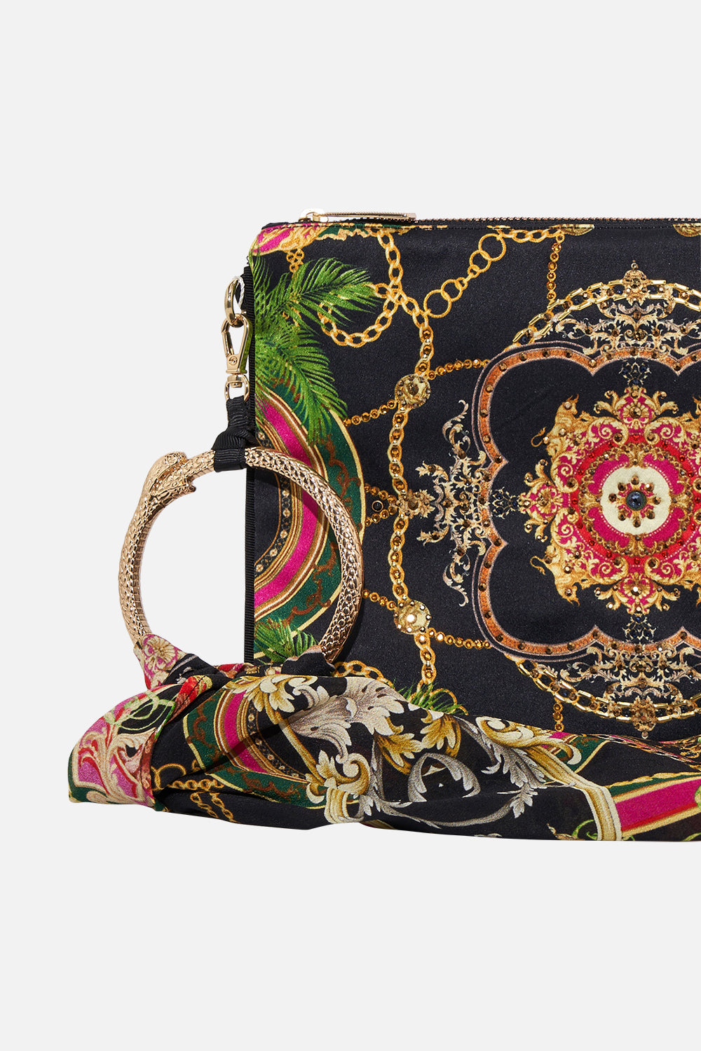 Detail view of CAMILLA silk ring scarf clutch bag in Jealousy And Jewels print