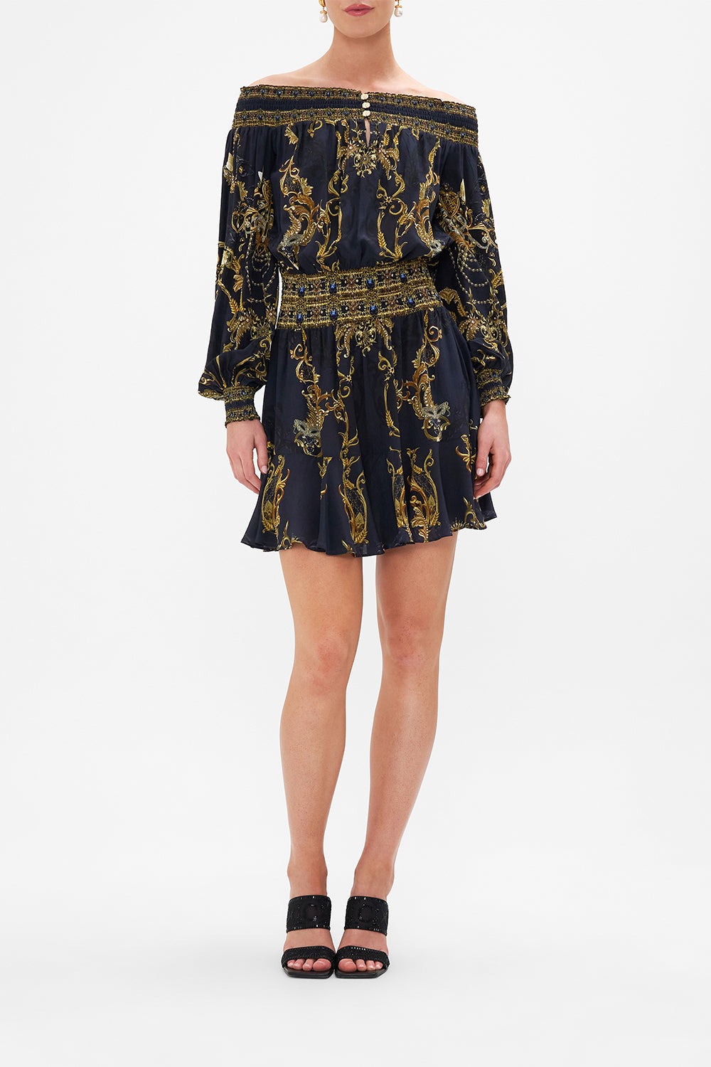 Front view of model wearing CAMILLA off the shoulder dress in Moonlight Melodies print