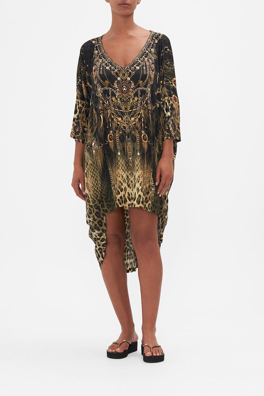 Front view of model wearing CAMILLA jersey dress in Lions Mane print