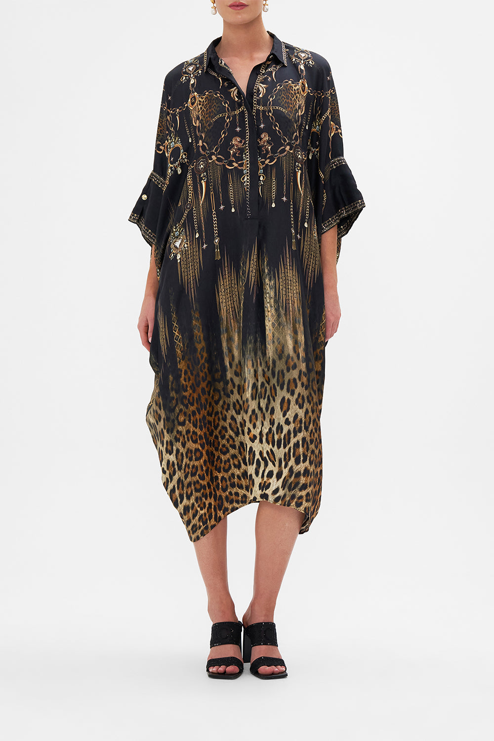 Front view of model wearing CAMILLA leopard print kaftan in Jungle Dreaming print