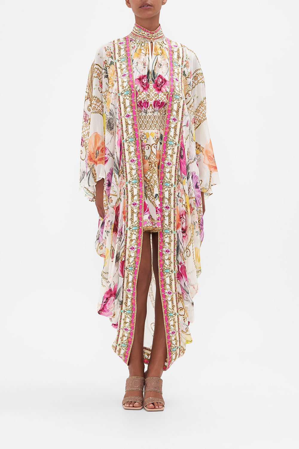 Front view of model wearing CAMILLA silk floral kimono in Destiny Calling print