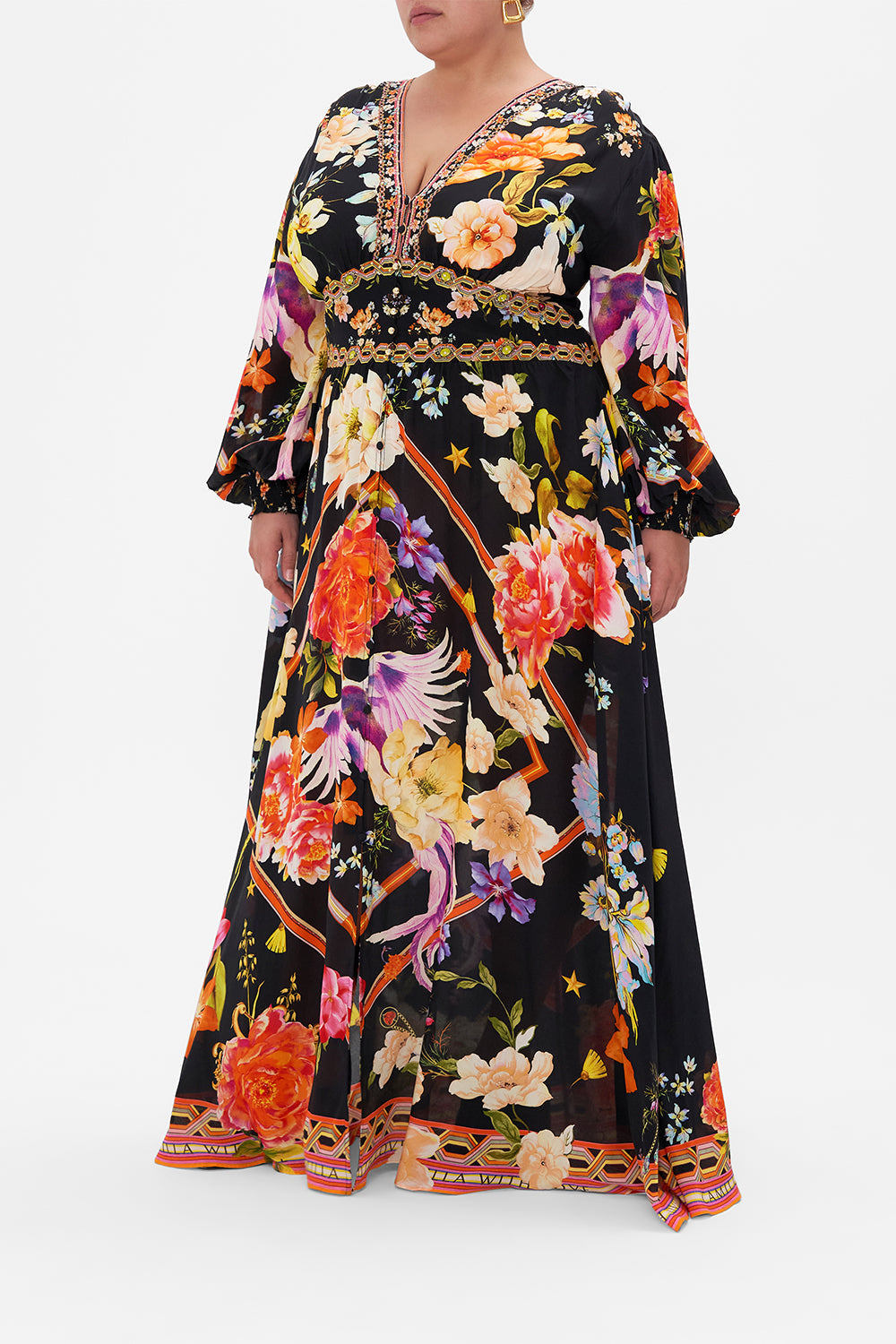 BUTTON DRESS WITH SHAPED WAISTBAND PHOENIX FLOWER