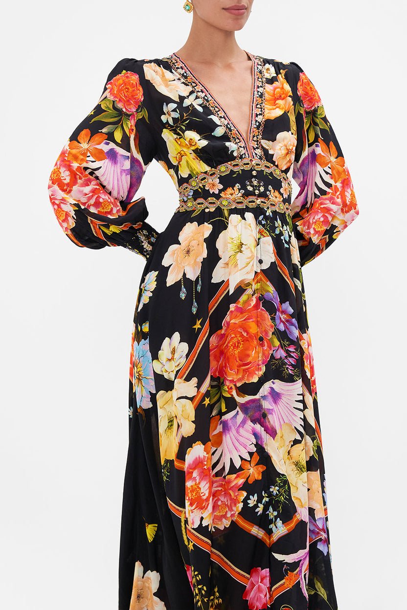 Emila Cobalt Tropical Button Dress