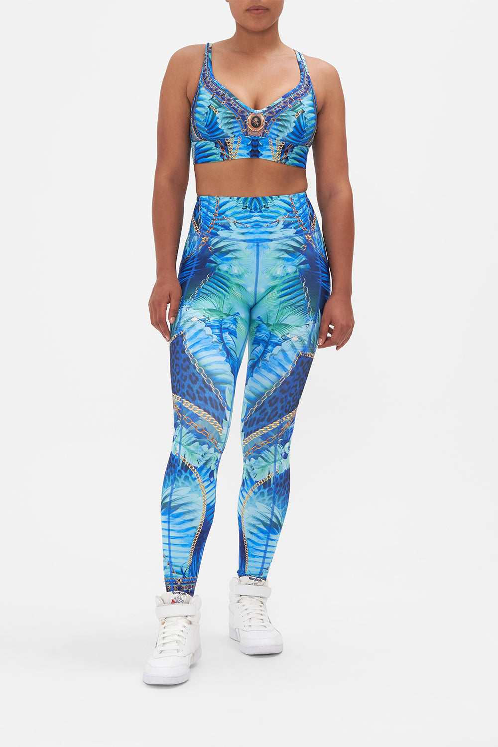 Front view of model wearing CAMILLA leggings in Song of The Jungle  print