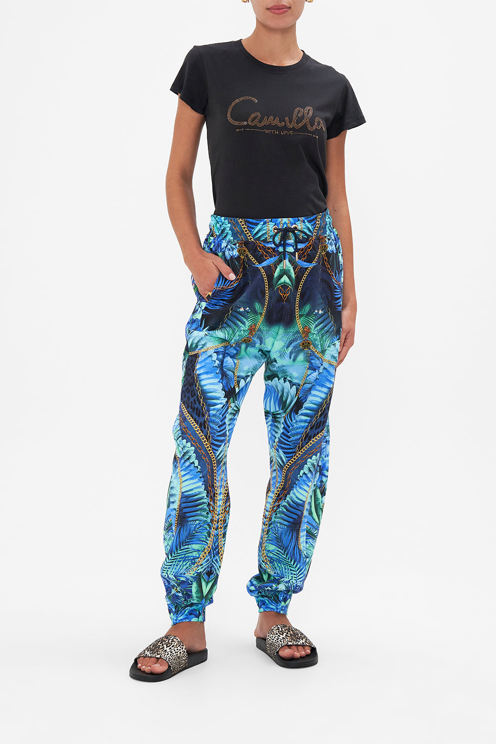 Front view of model wearing CAMILLA sweat pants in Song Of The Jungle print