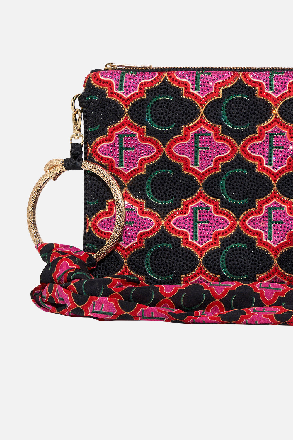 Detail view of CAMILLA silk ring scarf clutch in Wild And Running print