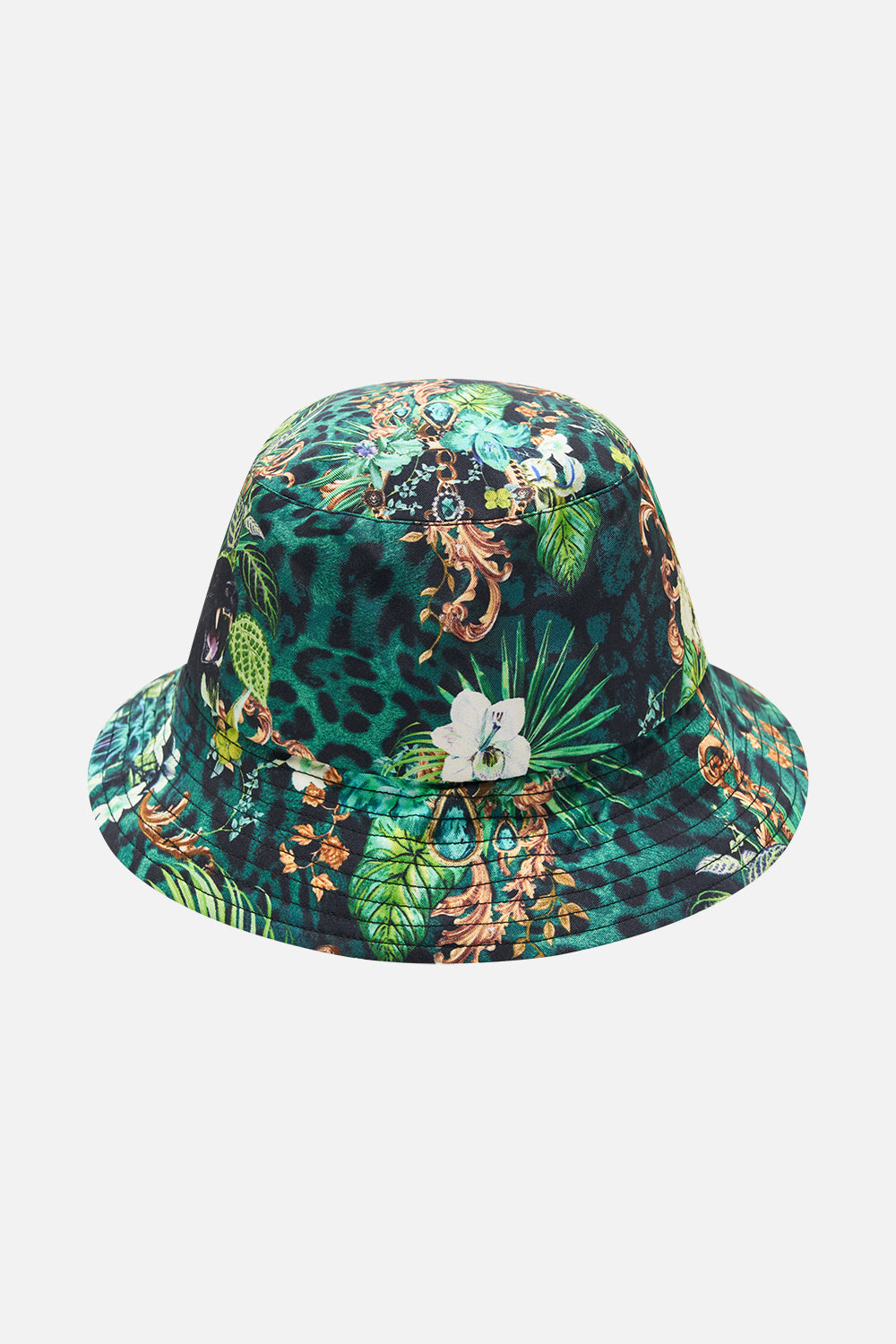 Detail view of CAMILLA green clutch bag in Sing My Song print