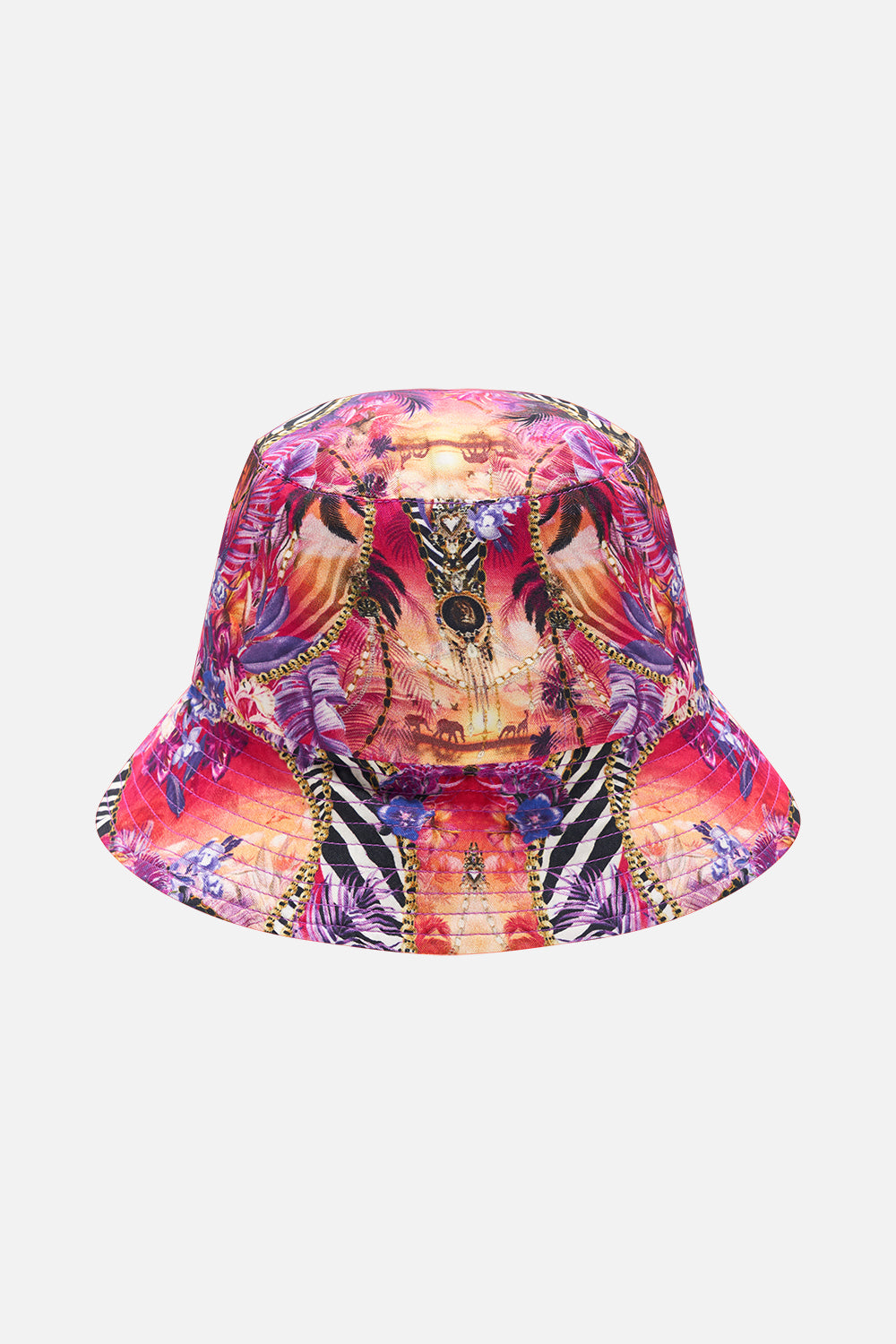 Detail view of CAMILLA tropical print bucket hat in Wild Loving print 
