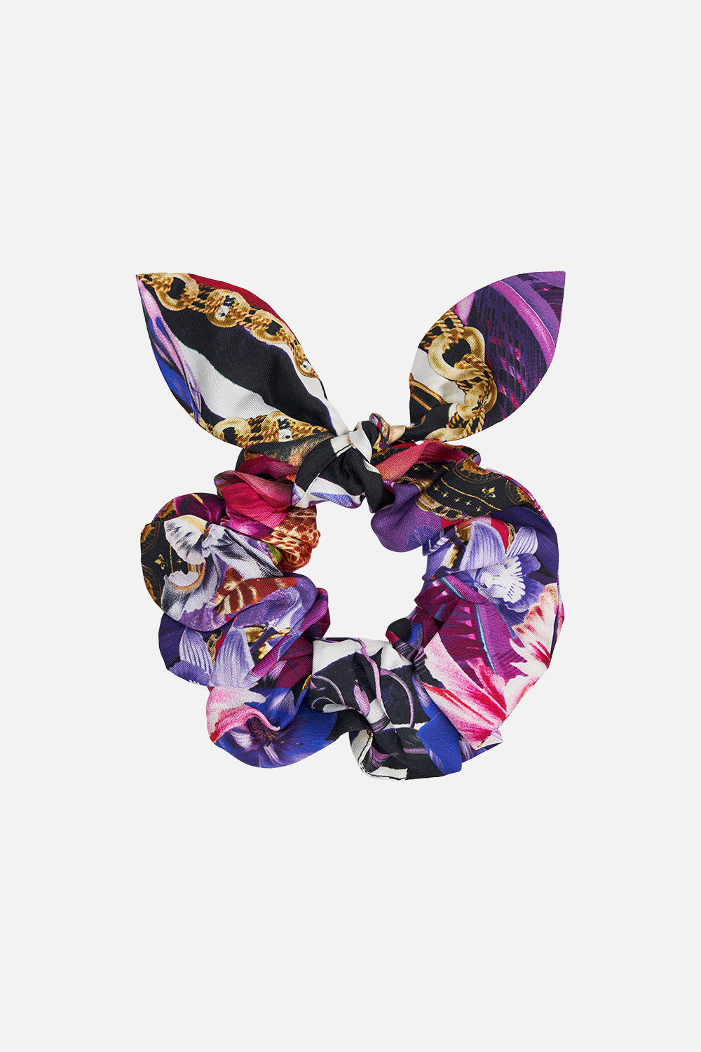 Product view of CAMILLA silk scrunchie in Wild Loving print