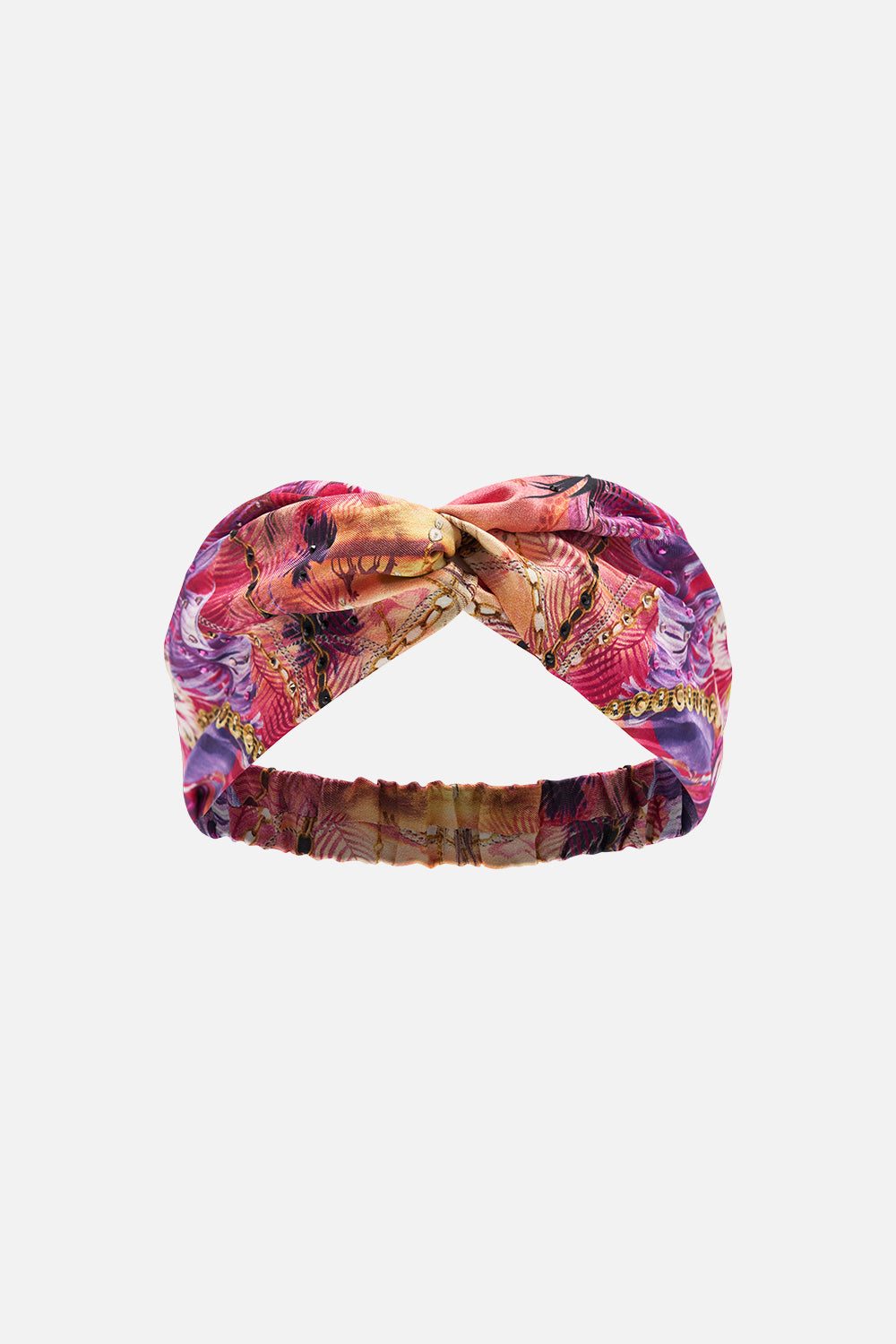 Product view of CAMILLA silk woven twist headband in Wild Loving print