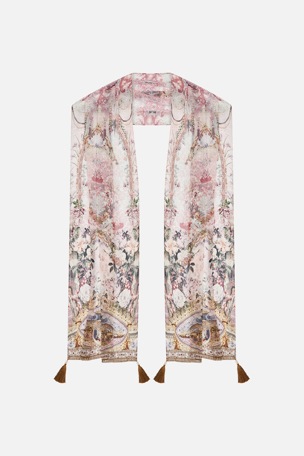 Product view of CAMILLA floral long silk scarf in Kissed By The Prince print 