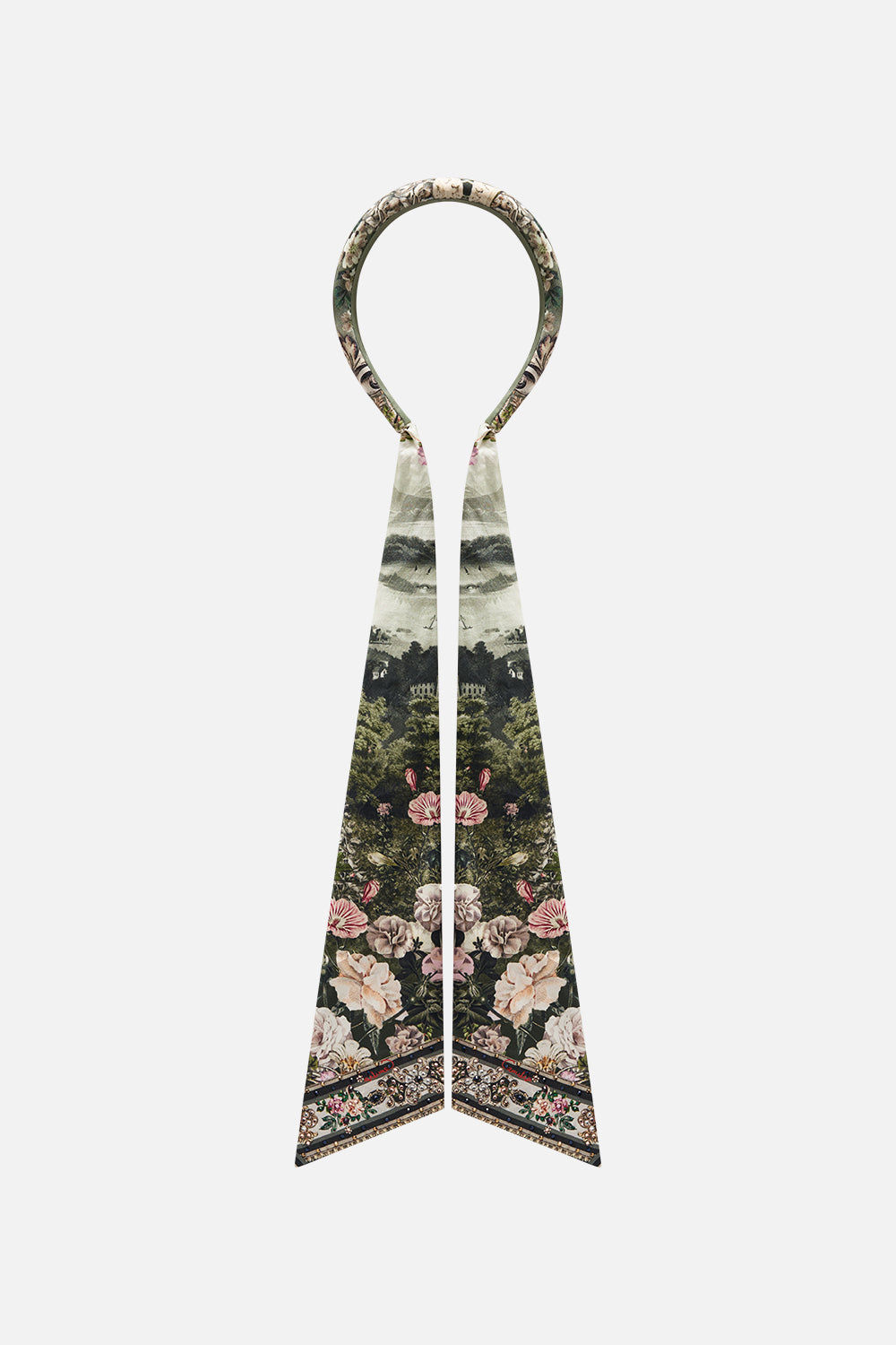 Close up view of CAMILLA floral silk scarf headband in Garden Of Good Fortune print