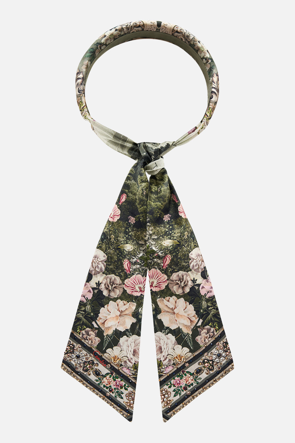 Product view of CAMILLA floral silk scarf headband in Garden Of Good Fortune print