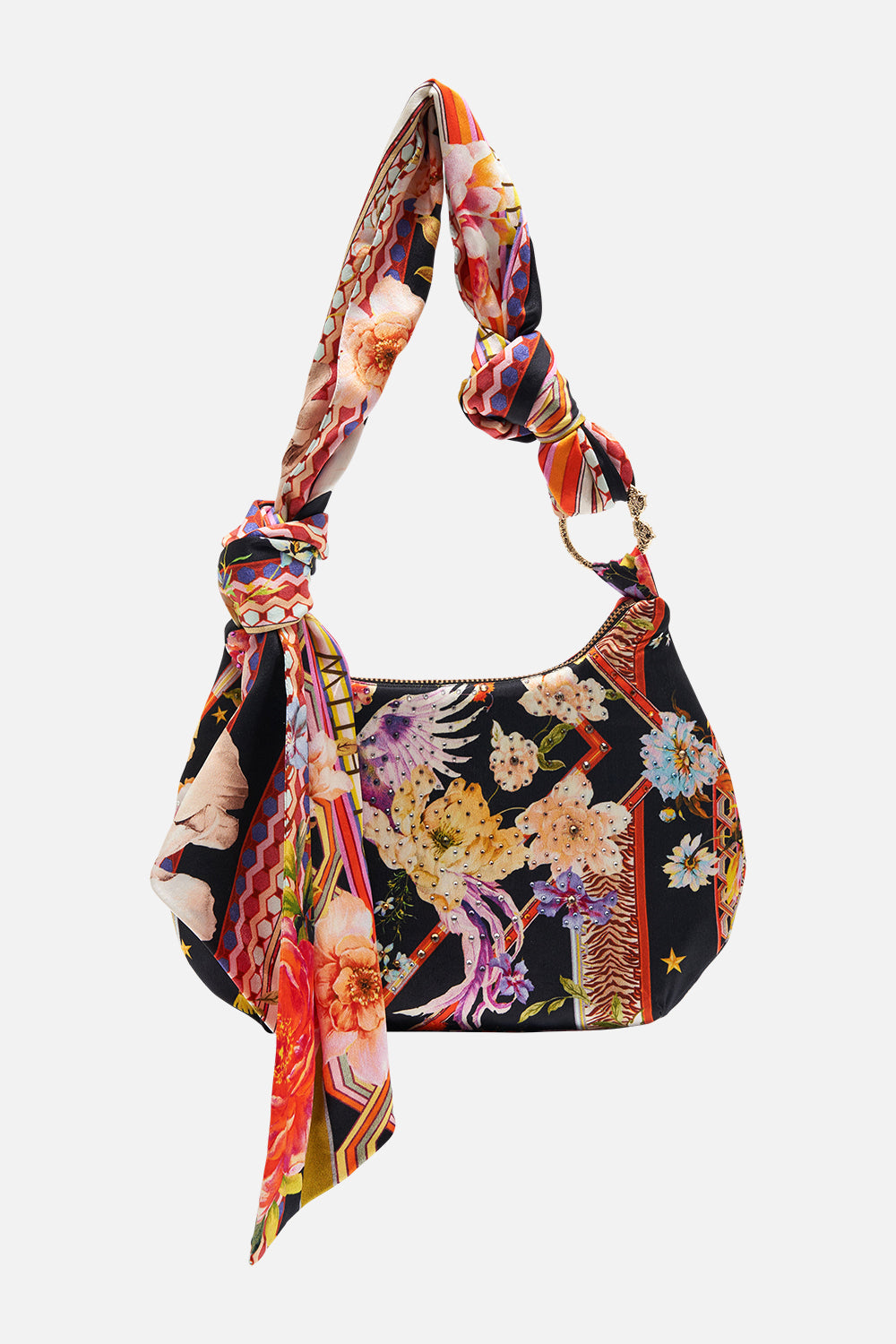 Product view of CAMILLA silk scarf shoulder bag in Secret History print 