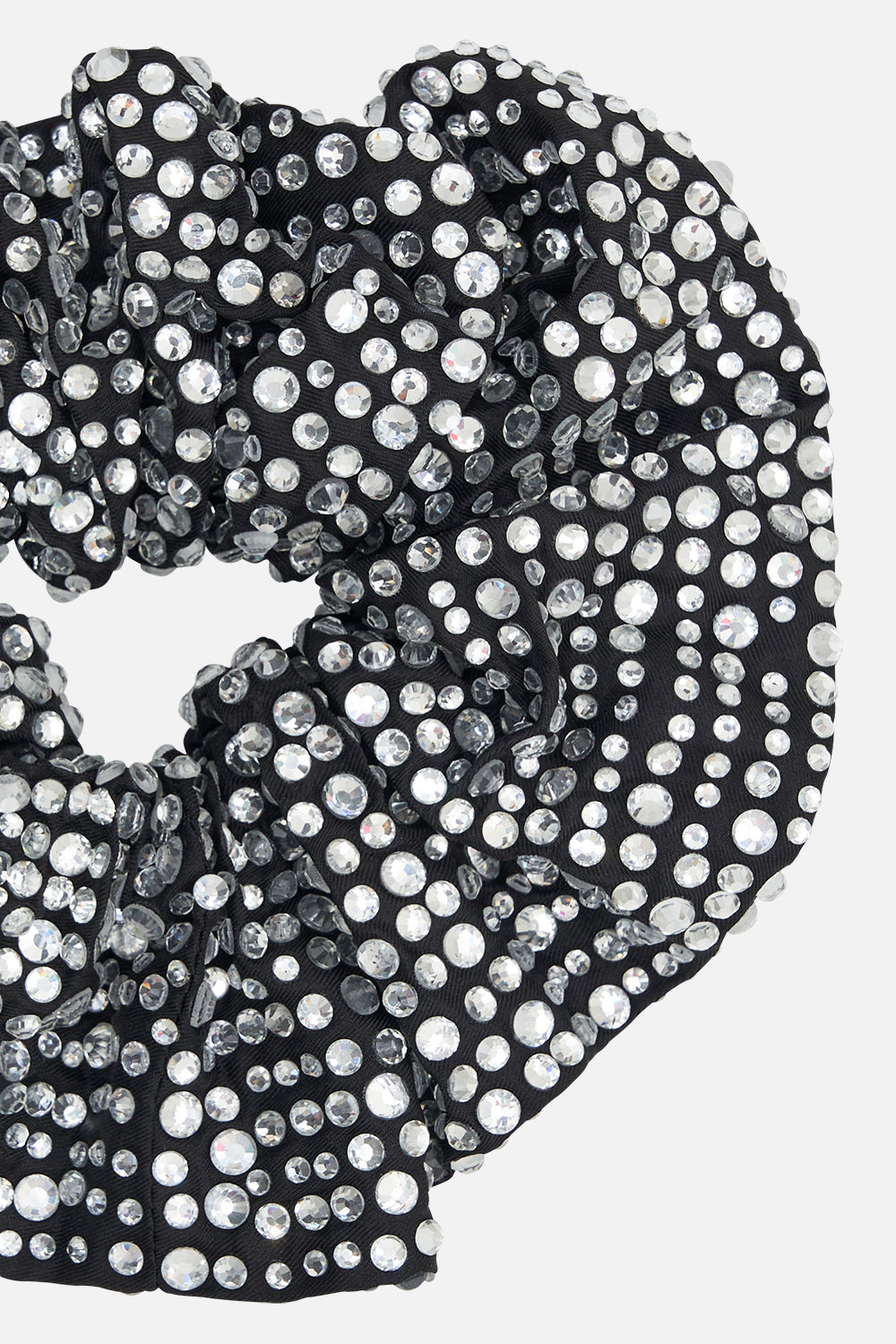 Detail view of CAMILLA silk scrunchie in Untamed Royalty print