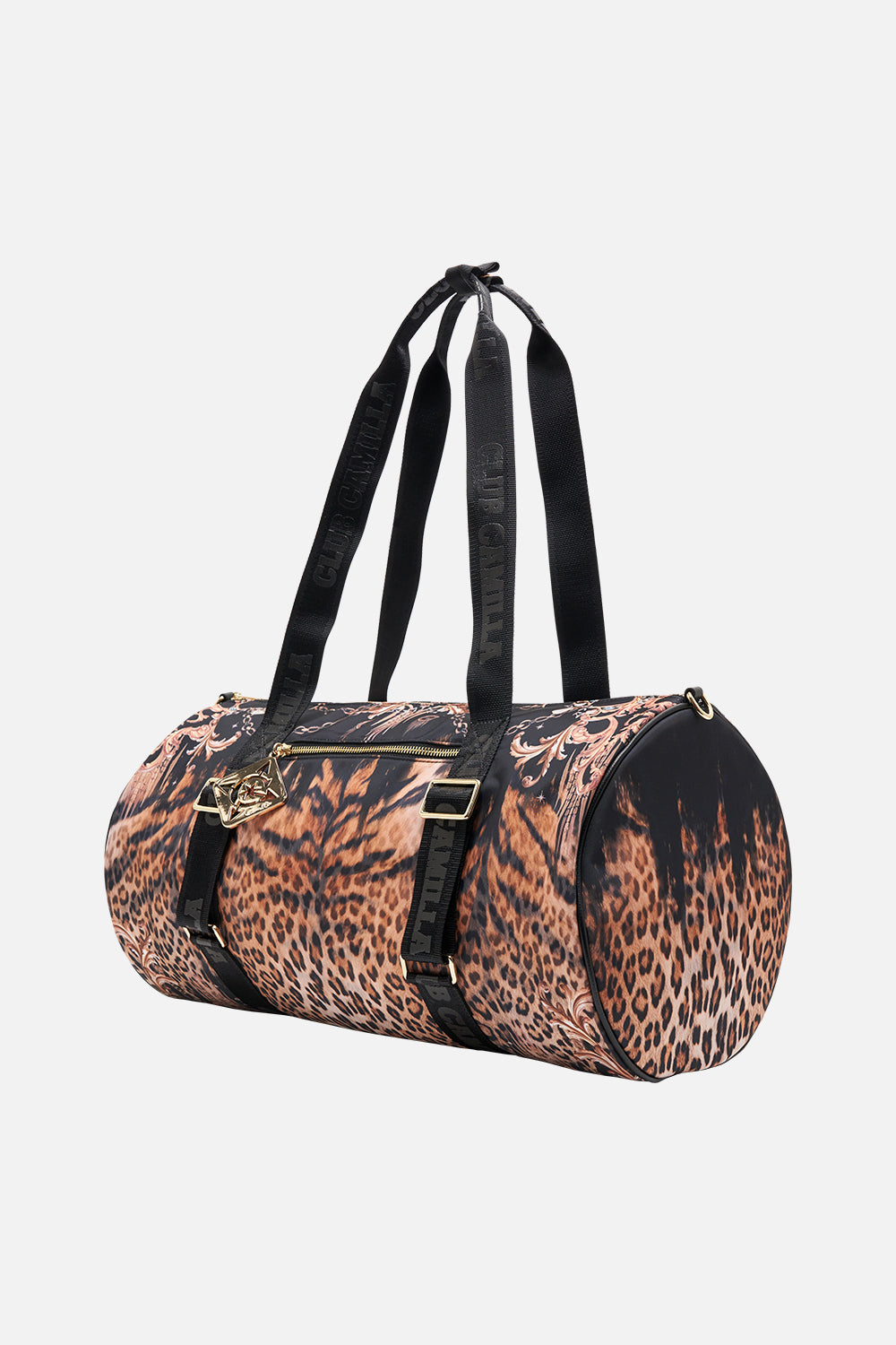 Side view of CAMILLA leopard print gym bag in Running in The Wild print