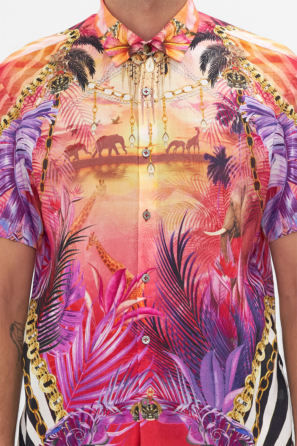 Detail view of model wearing Hotel Franks by CAMILLA mens tropical short sleeve button through shirt in Wild Loving print