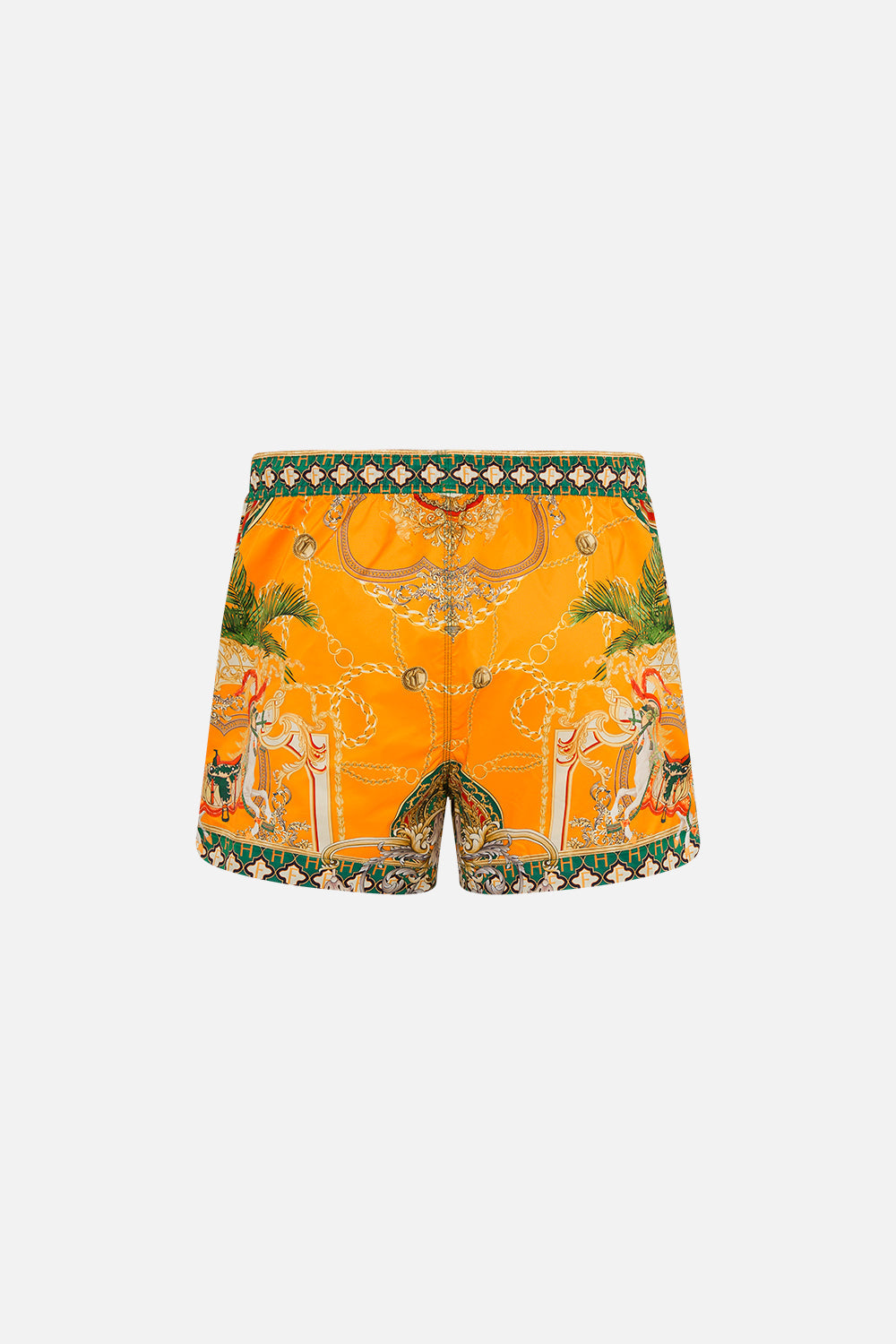Back product view of Hotel Franks by CAMILLA silk mens short boardshorts in orange Dancing With The Bulls print