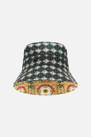 Reversible detail front view of Hotel Franks By CAMILLA mens reversible bucket hat in Jealousy And Jewels print