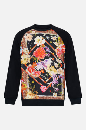 Product view of Hotel Franks by CAMILLA silk mens black knit jumper in Secret History floral print