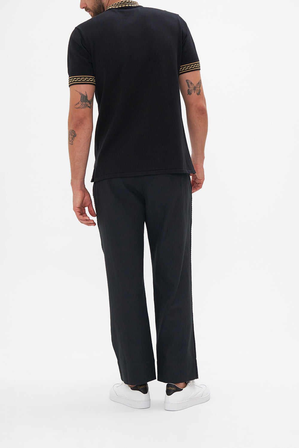 Product view of Hotel Franks by CAMILLA mens black polo shirt in Tether Me Not print