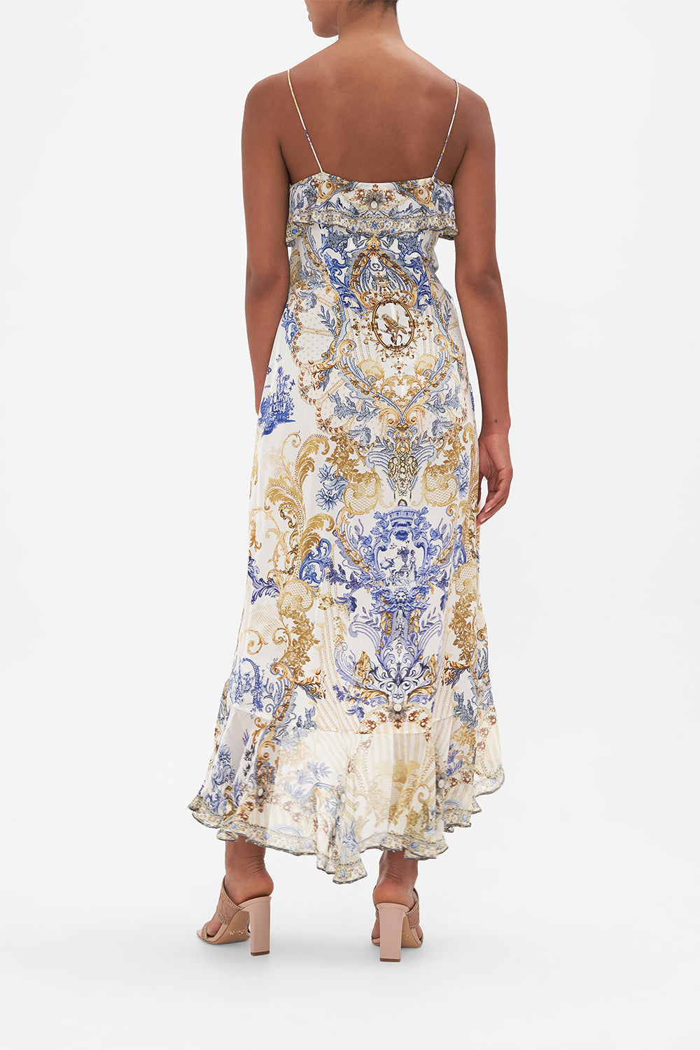 Back view of model wearing CAMILLA silk wrap dress in Soul Searching  print