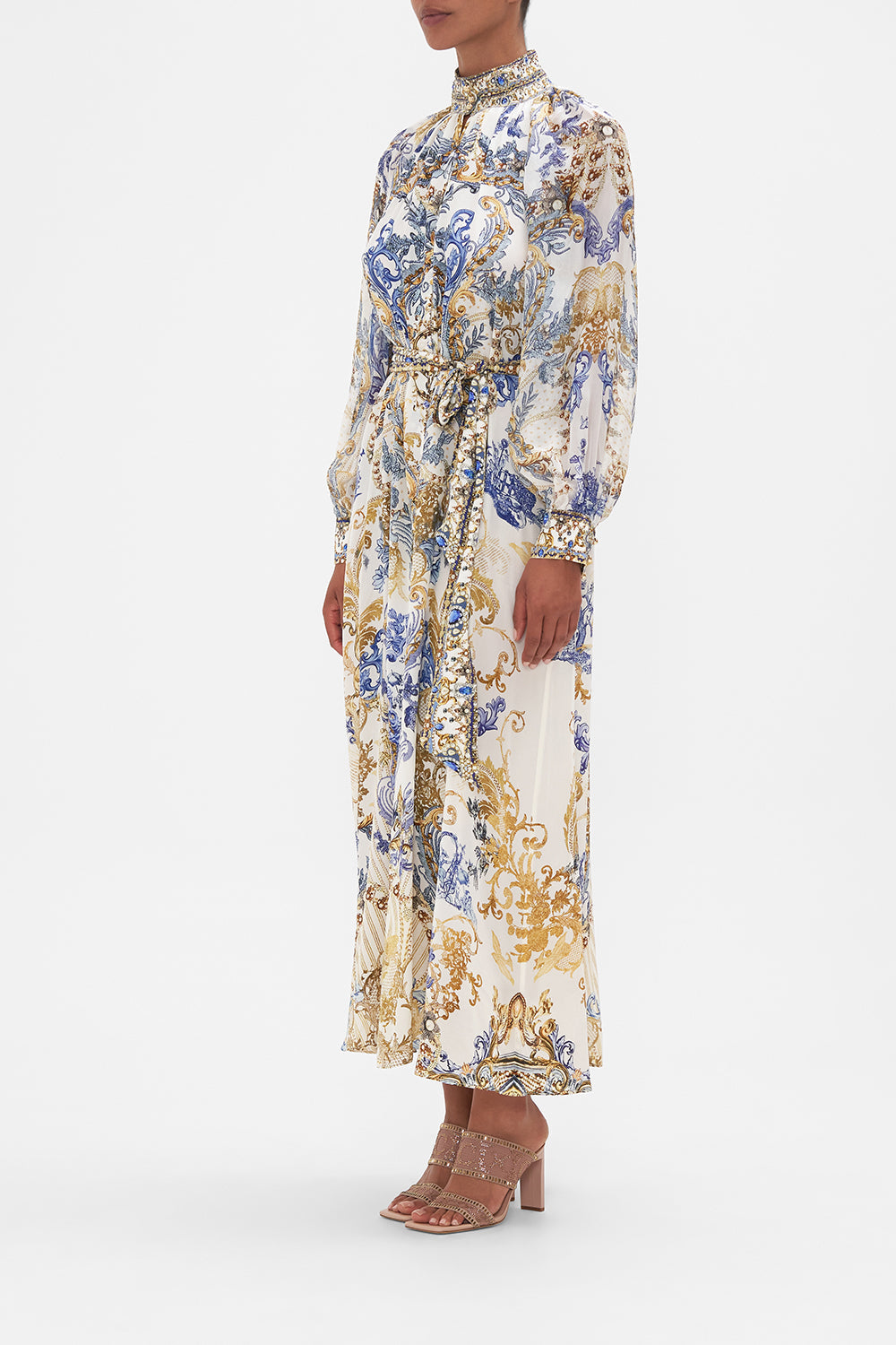 Side view of model wearing CAMILLA silk midi dress in Soul Searching print