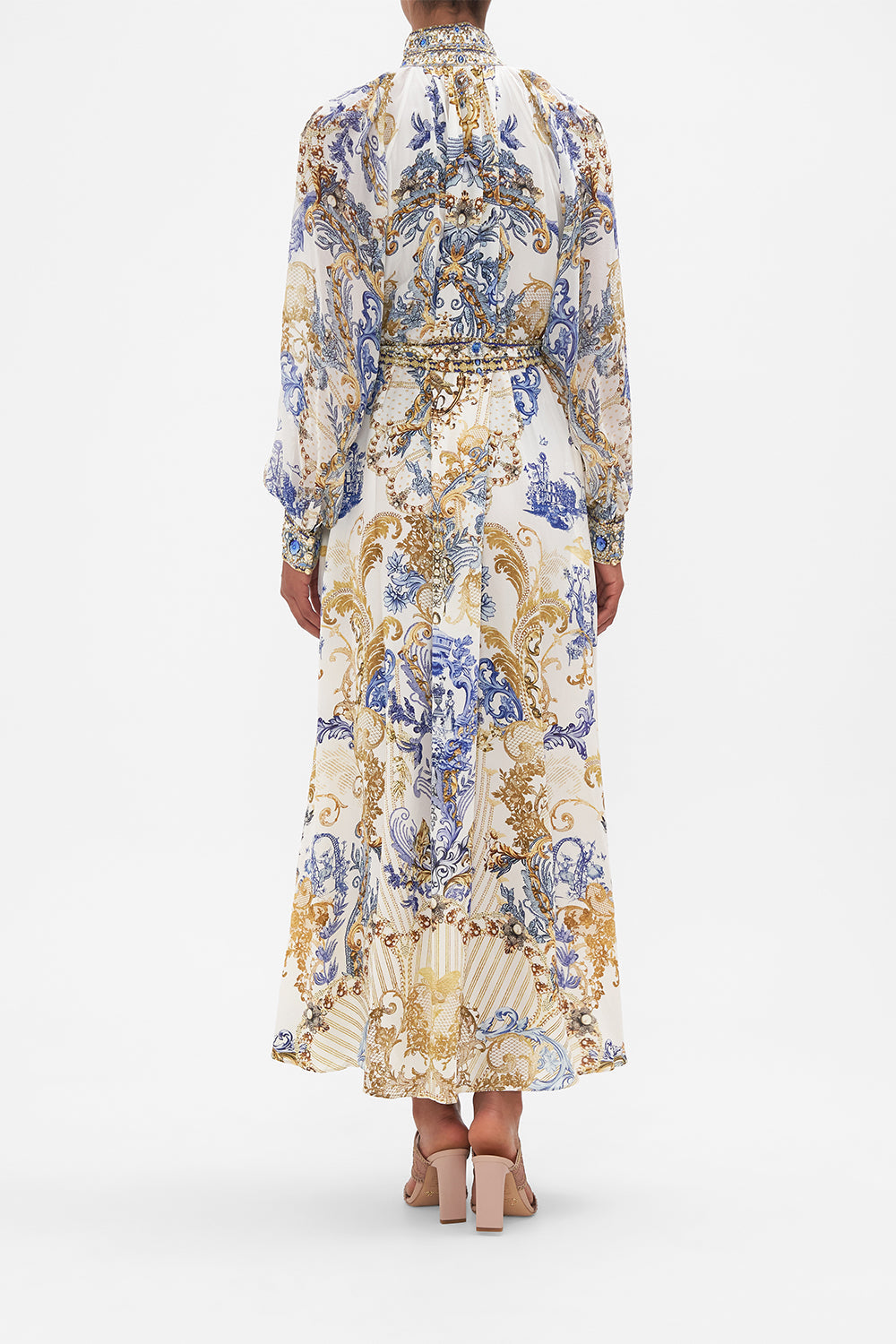 Back view of model wearing CAMILLA silk midi dress in Soul Searching print