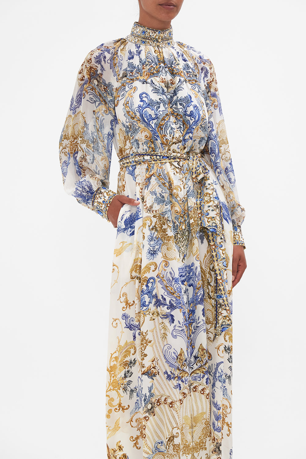 Crop view of model wearing CAMILLA silk midi dress in Soul Searching print