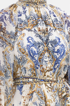 Detail view of model wearing CAMILLA silk midi dress in Soul Searching print