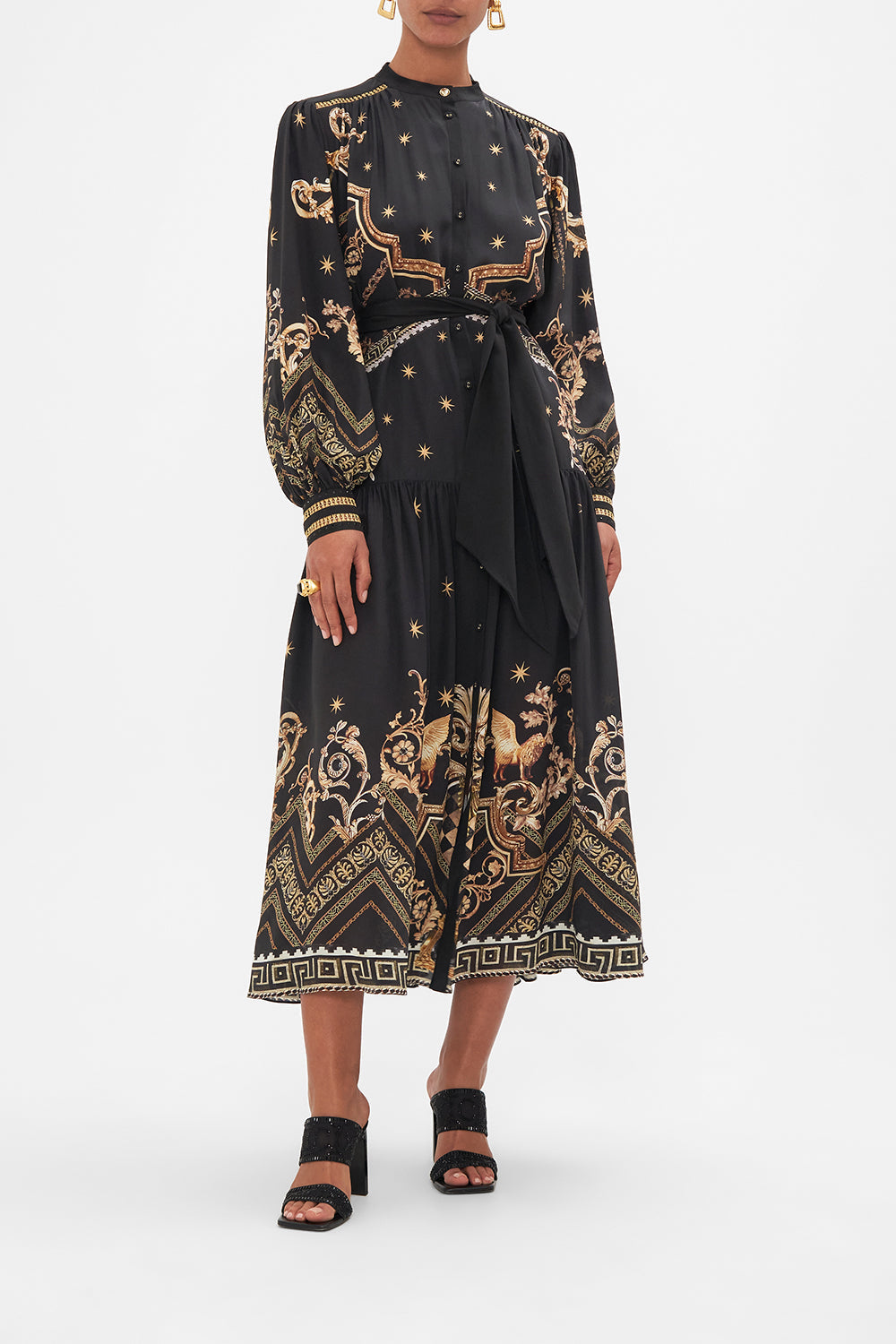 Front view of model wearing CAMILLA black silk maxi dress in Duomo Dynasty print