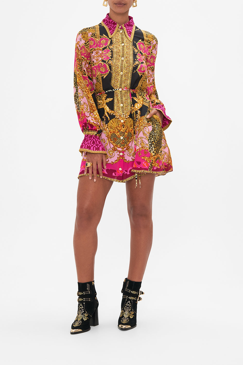 Front view of model wearing CAMILLA pink silk shirt dress in Ciao Palazzo print