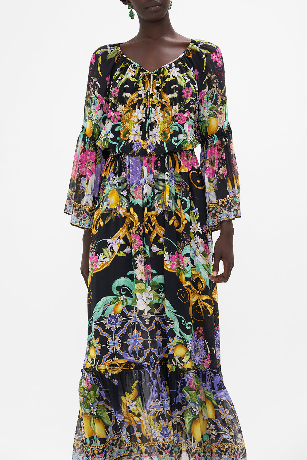 LONG DRESS WITH GATHERED BELL SLEEVE MEET ME IN MARCHESA