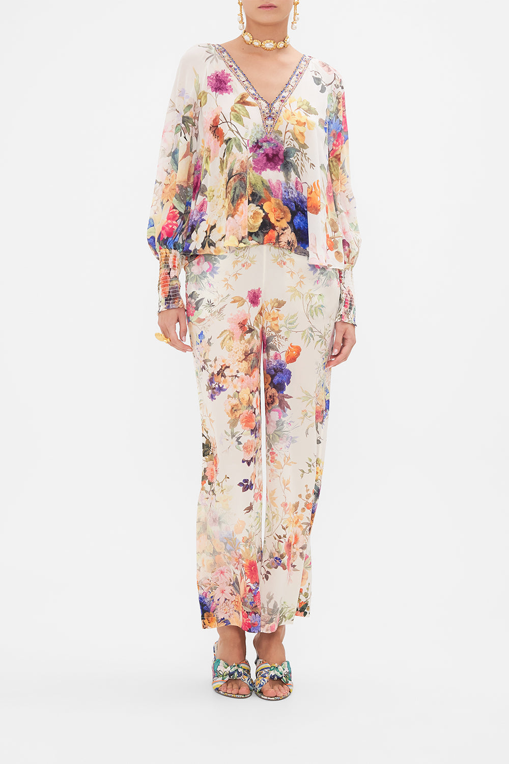 Front view of model wearing CAMILLA  silk blouse in Friends with Frescos print