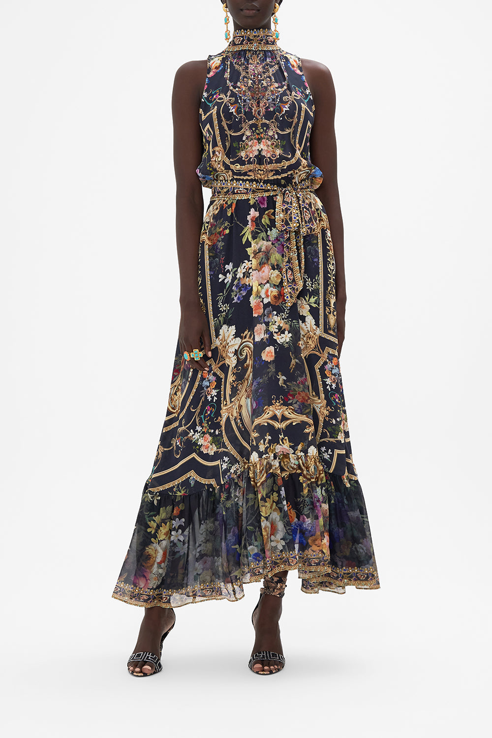 camilladress Sleeveless Button Down Tie Waist Pocketed Denim Midi Dress