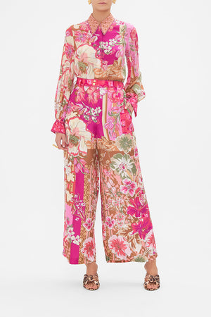 Front view of model wearing CAMILLA silk wide leg pant in A Girl Named Florence print
