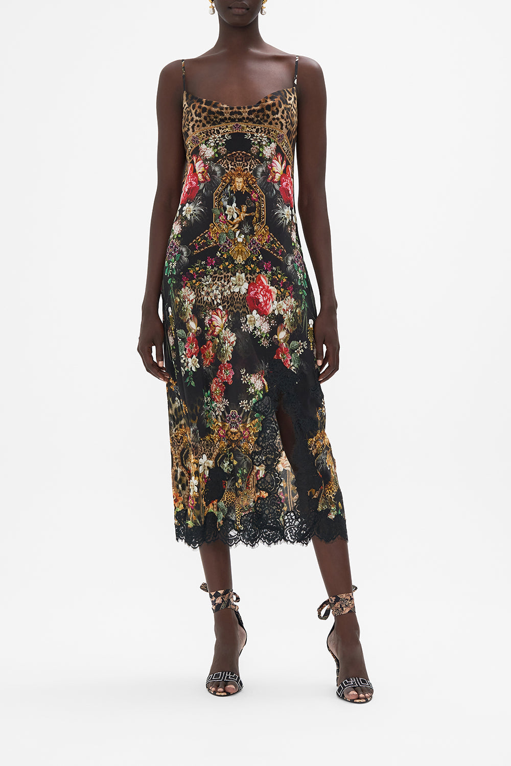 Front view of model wearing CAMILLA silk bias slip dress in A Aight At The Opera floral print  