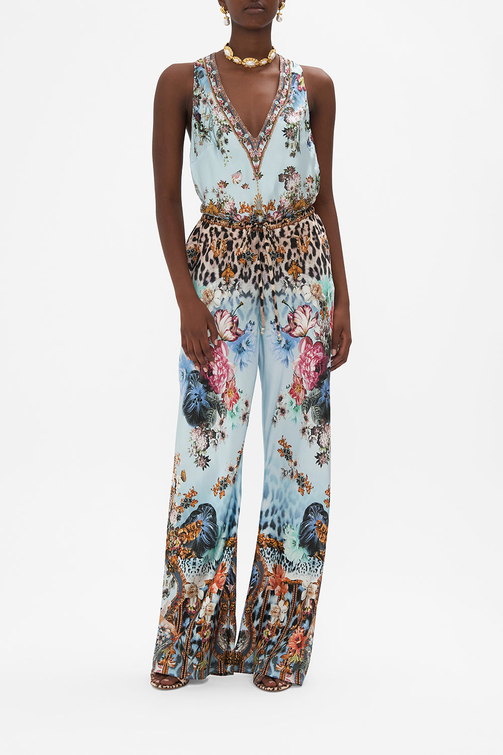 Front view of model wearing CAMILLA silk pants in Letters To Leo print