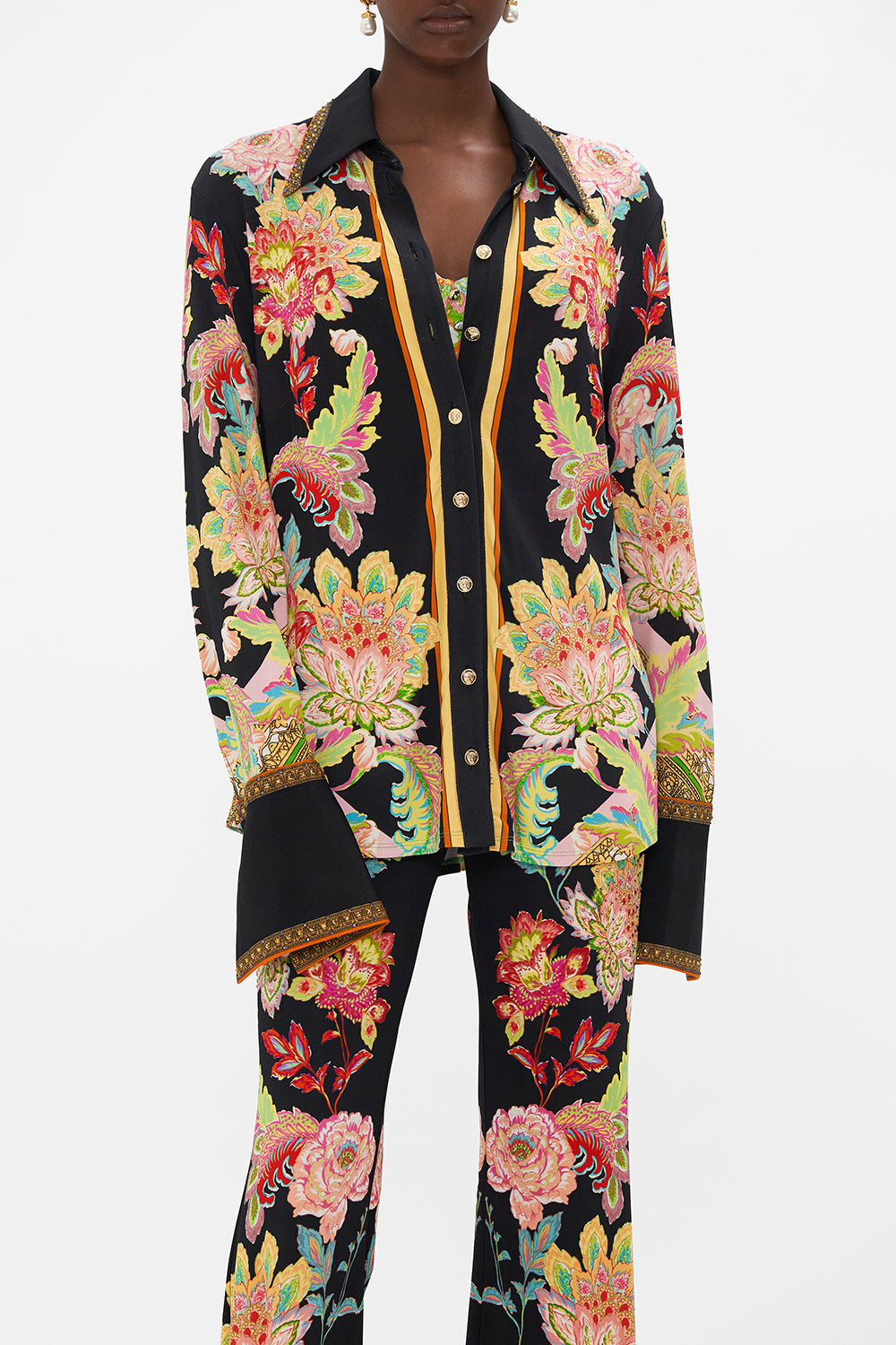 Detail view of model wearing CAMILLA printed shirt in Sundowners in Sicily print 