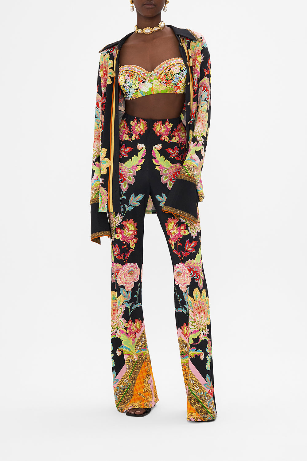 Crop view of model wearing CAMILLA printed shirt in Sundowners in Sicily print 