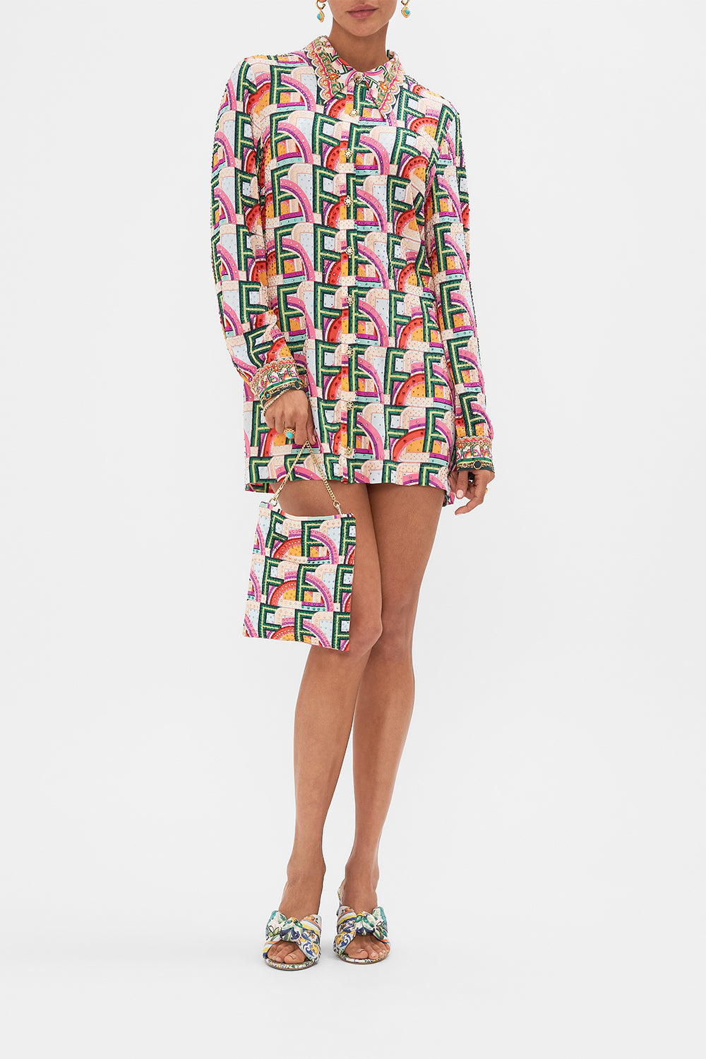 Front view of model wearing CAMILLA silk long sleeve mini dress in An Italian Welcome print